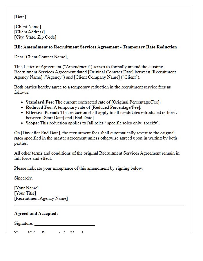 Letter of Agreement for Temporary Recruitment Rate Reduction Under Existing Contract