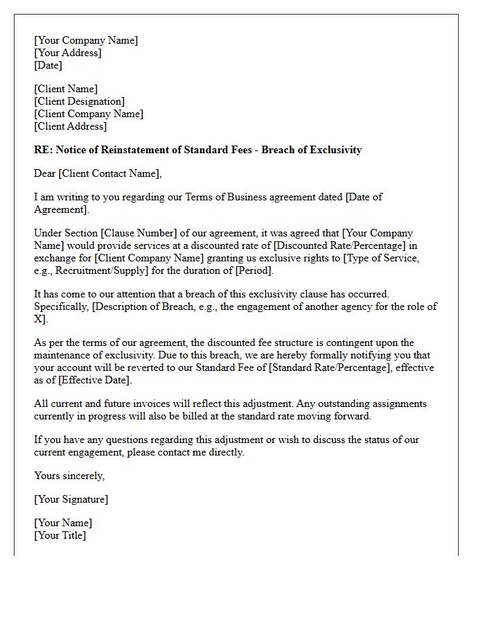 Letter Reinstating Standard Fees Under Terms of Business After Breach of Exclusivity Clause