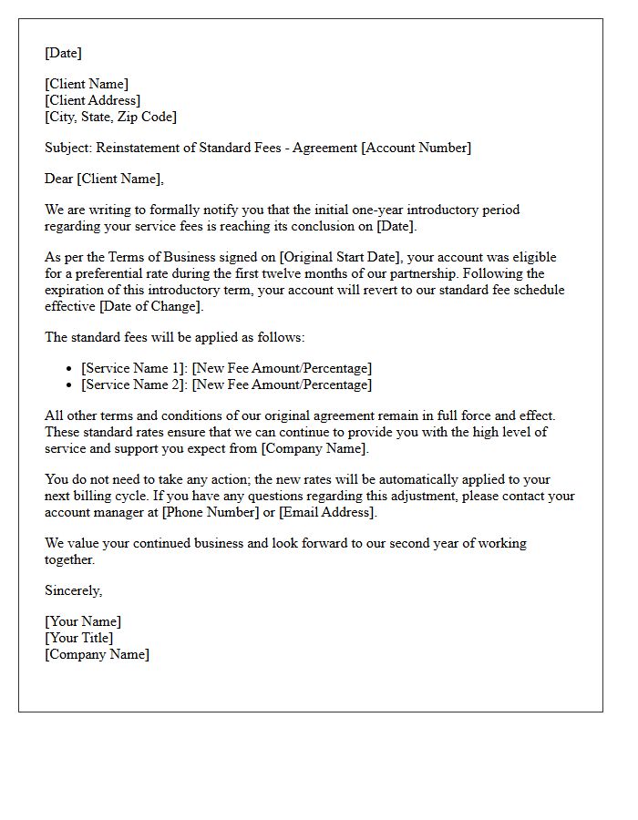 Letter Reinstating Standard Fees Under Terms of Business After First Year Client Agreement Expiration