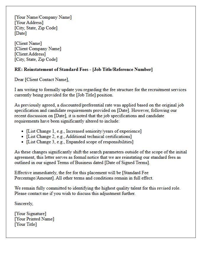 Letter Reinstating Standard Fees Under Terms of Business Due to Altered Candidate Job Specifications