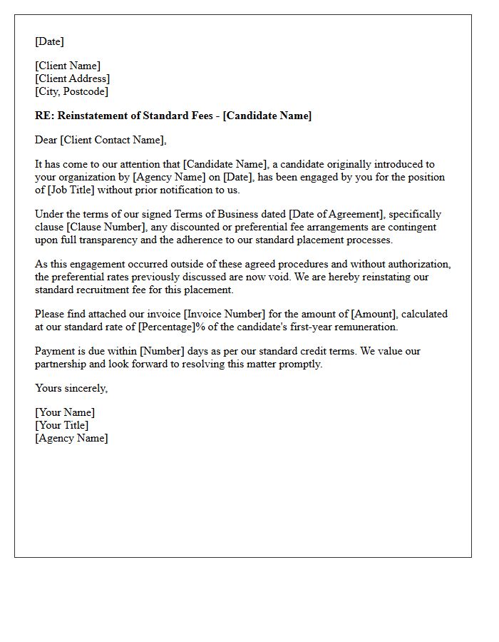 Letter Reinstating Standard Fees Under Terms of Business Due to Unauthorized Direct Candidate Engagement