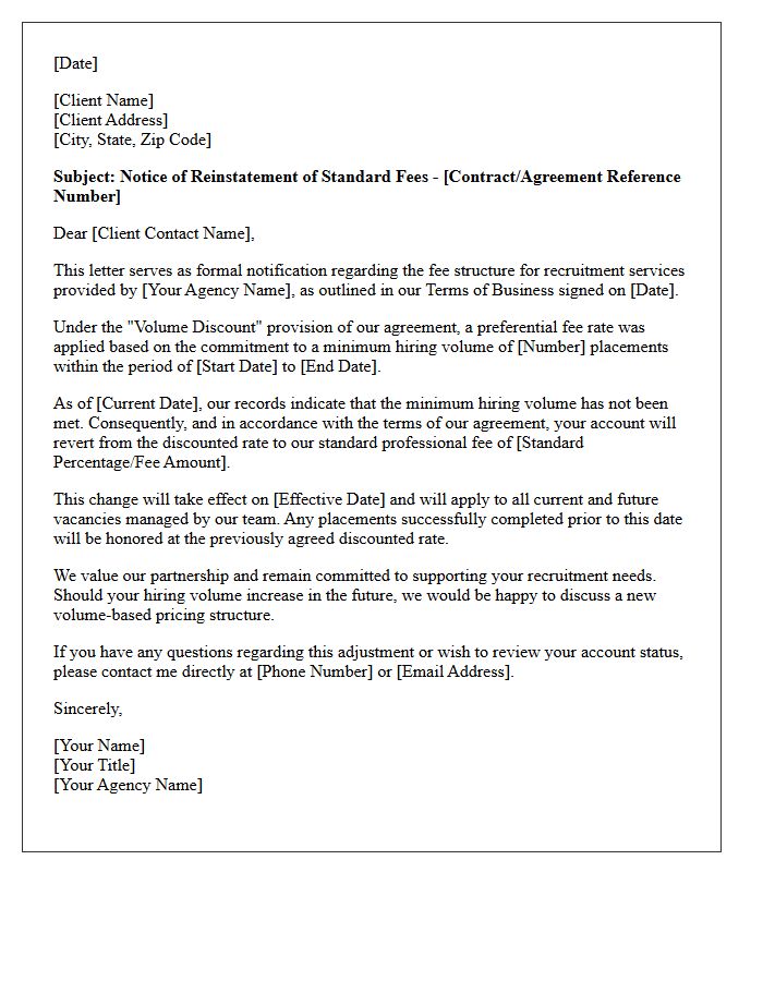 Letter Reinstating Standard Fees Under Terms of Business for Failure to Meet Minimum Hiring Volume