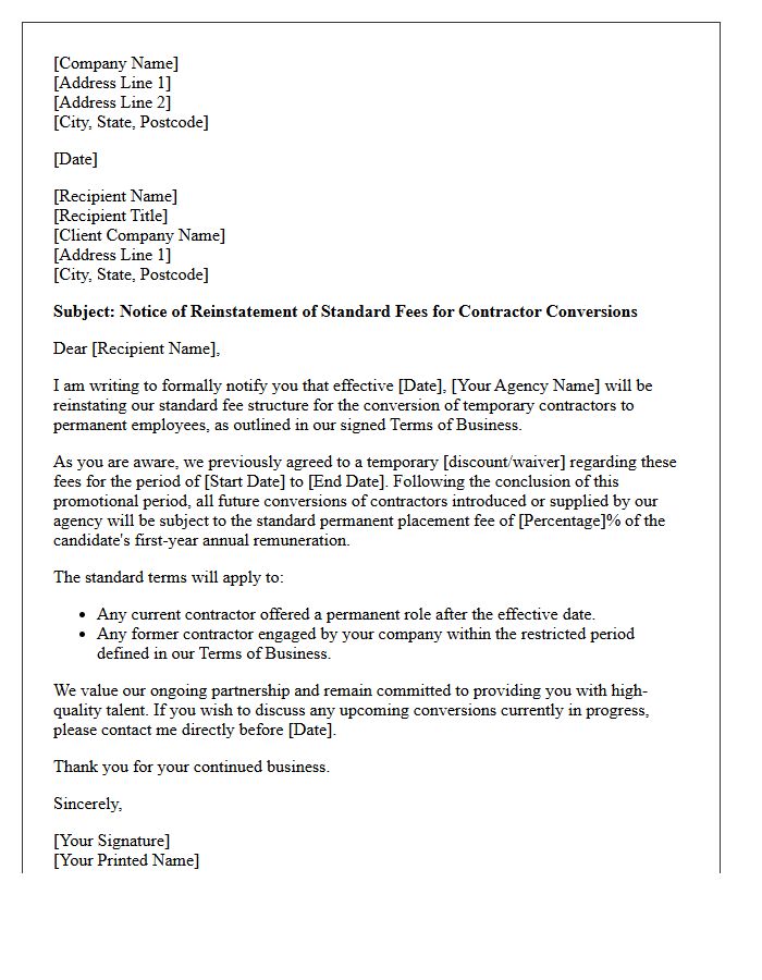 Letter Reinstating Standard Fees Under Terms of Business for Permanent Placement Contractor Conversions