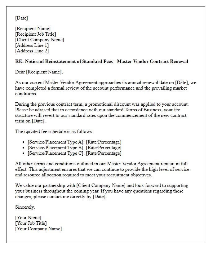 Letter Reinstating Standard Fees Under Terms of Business Upon Annual Master Vendor Contract Renewal