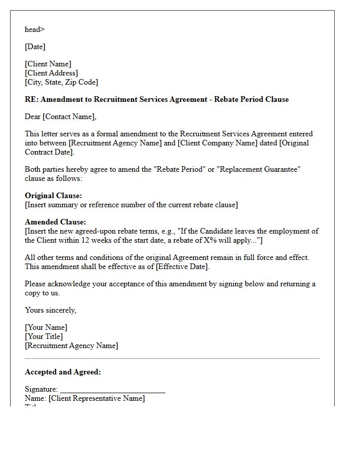 Letter Amending Rebate Period Clause in Existing Recruitment Contract