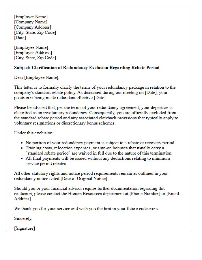 Letter Clarifying Redundancy Exclusion From Standard Rebate Period