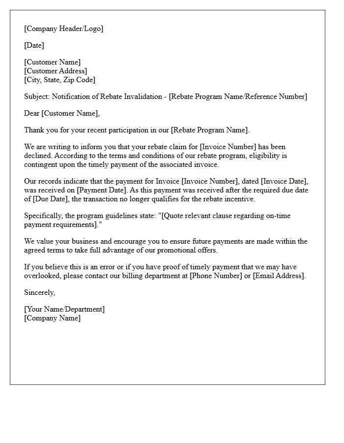 Letter Explaining Rebate Invalidation Due to Delayed Invoice Payment