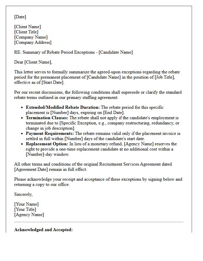 Letter Summarizing Permanent Placement Rebate Period Exceptions