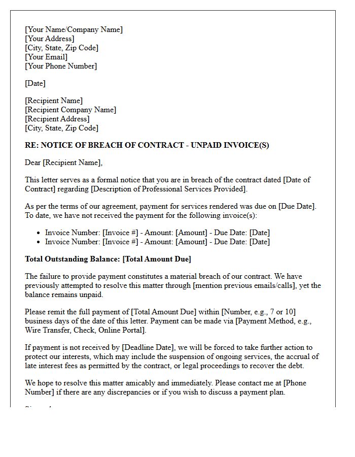 Breach of Contract for Unpaid Professional Services Letter