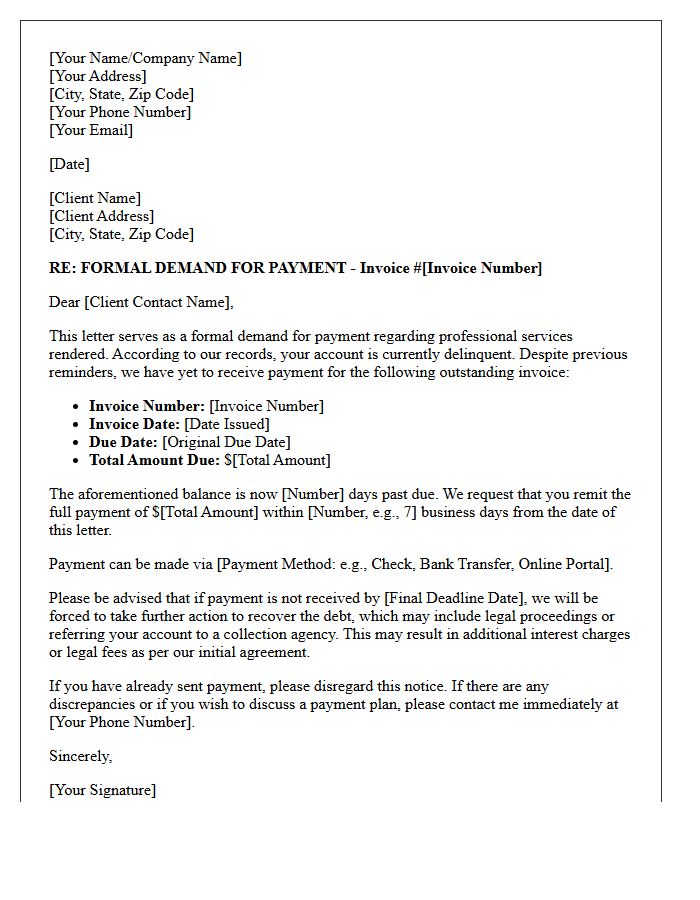 Demand for Payment of Delinquent Professional Invoice Letter