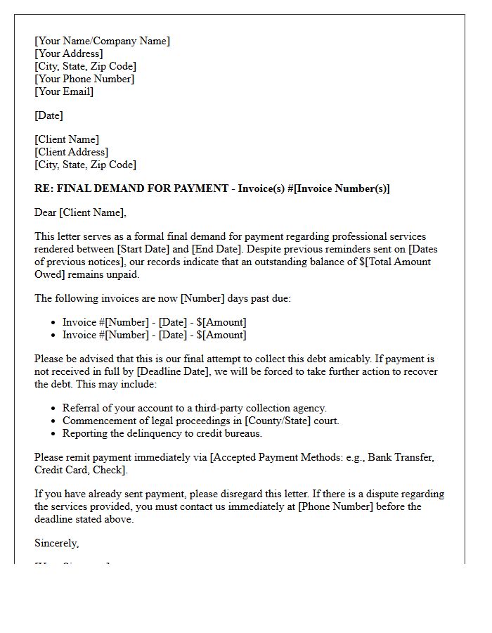 Final Demand for Professional Services Payment Letter