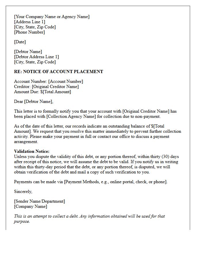 Notice of Account Placement in Debt Collection Letter