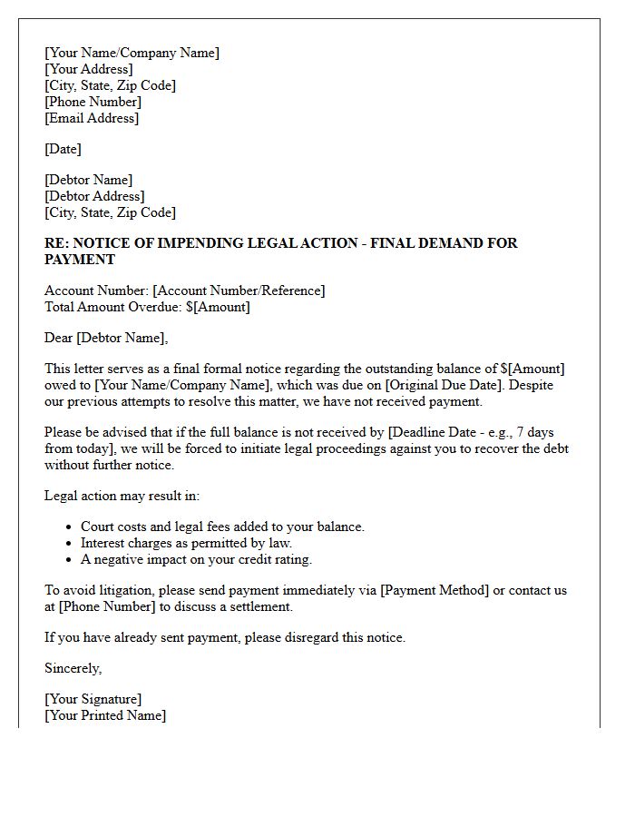 Notice of Impending Legal Action for Debt Recovery Letter
