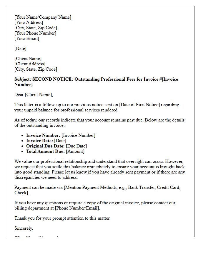 Second Notice of Outstanding Professional Fees Letter