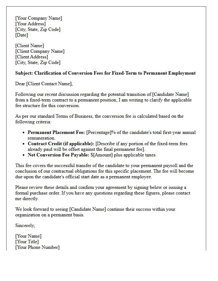 Letter Clarifying Fee Structure for Fixed-Term to Permanent Contract Conversions