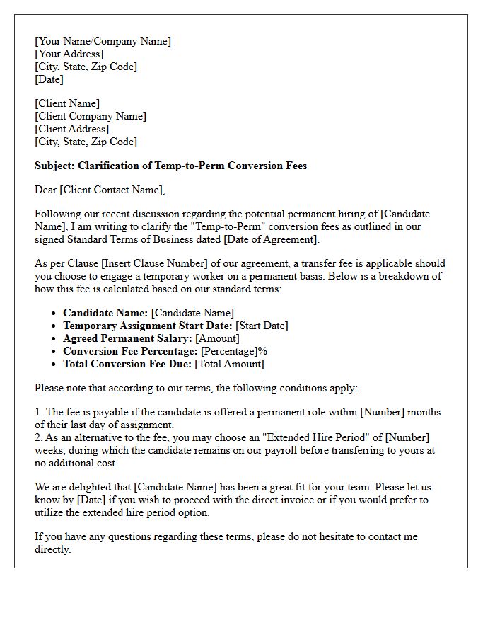 Letter Clarifying Temp-to-Perm Conversion Fees Under Standard Terms of Business