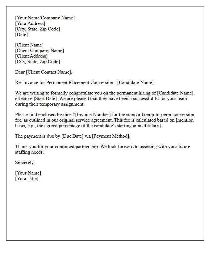 Letter Enclosing Invoice for Standard Temp-to-Perm Conversion