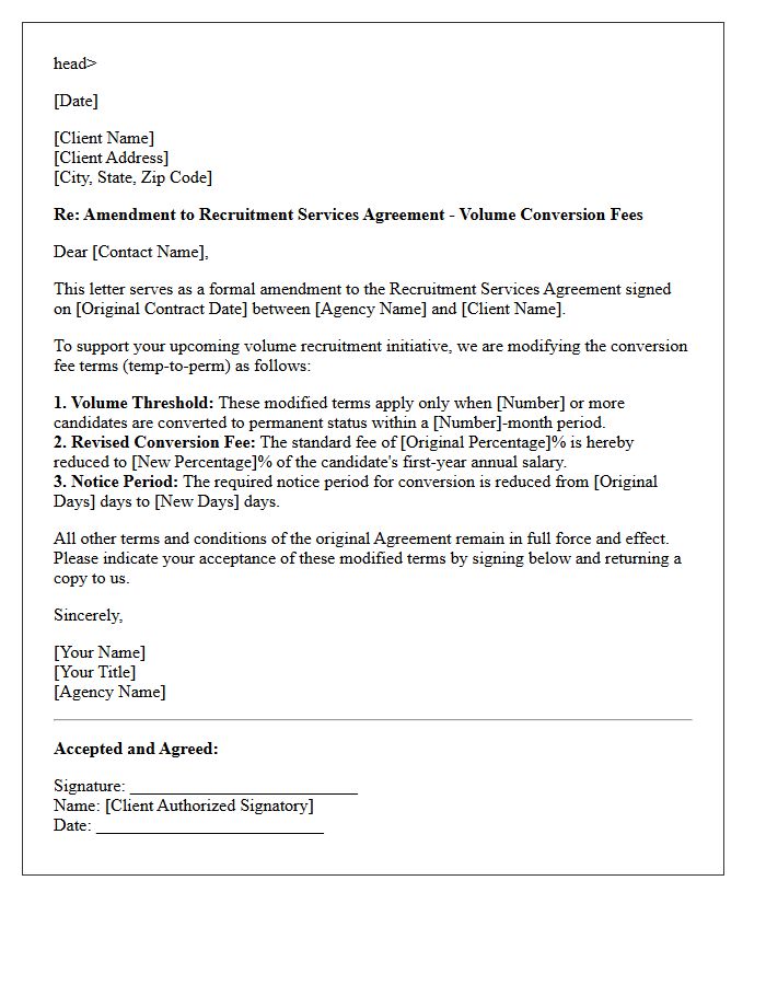 Letter Modifying Conversion Fee Terms for Volume Recruitment Agreements