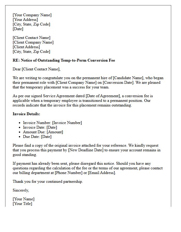 Letter Notifying Client of Outstanding Temp-to-Perm Placement Fee
