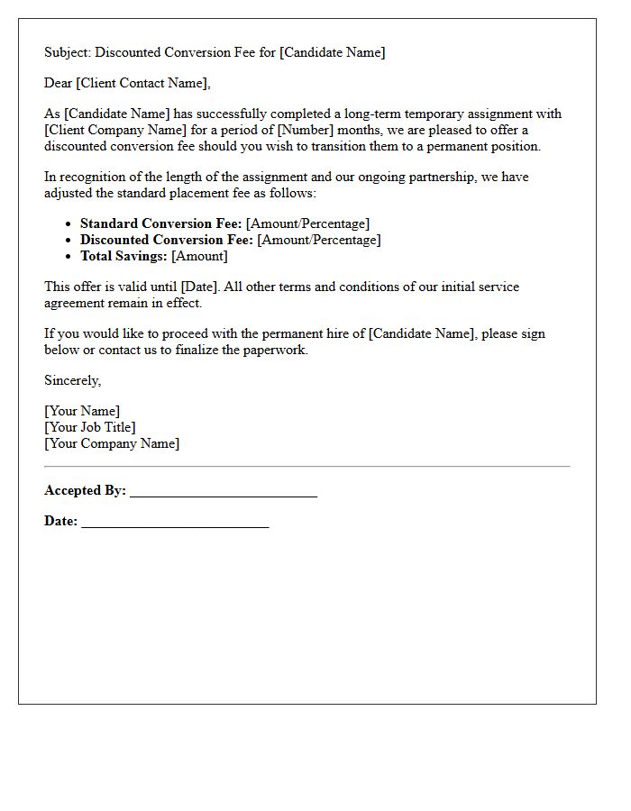 Letter Outlining Discounted Conversion Fee for Long-Term Temporary Assignments