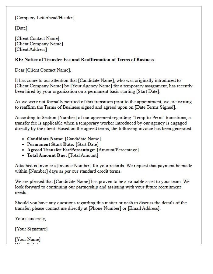 Letter Reaffirming Terms of Business Following Unnotified Temp-to-Perm Hire