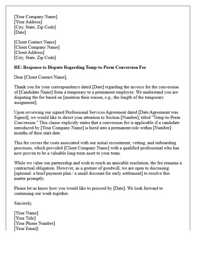 Letter Responding to Client Dispute Over Temp-to-Perm Fee Clause