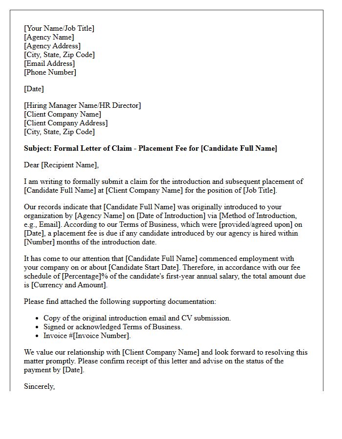 Formal Letter of Claim for Agency Candidate Introduction