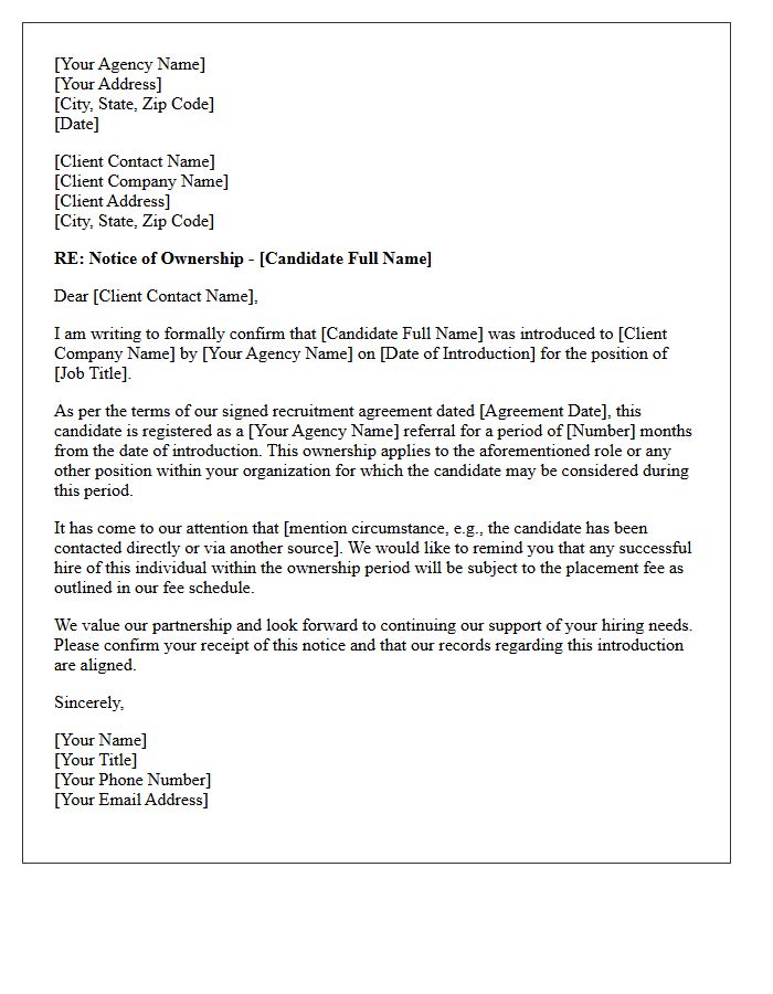Letter Asserting Agency Ownership of Introduced Candidate