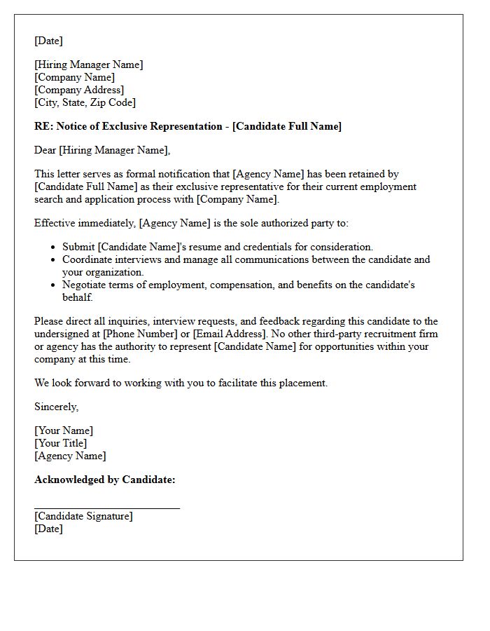 Letter Asserting Exclusive Agency Representation of Candidate