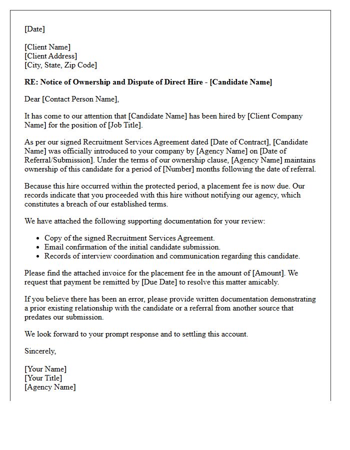 Letter Disputing Direct Hire and Asserting Agency Ownership
