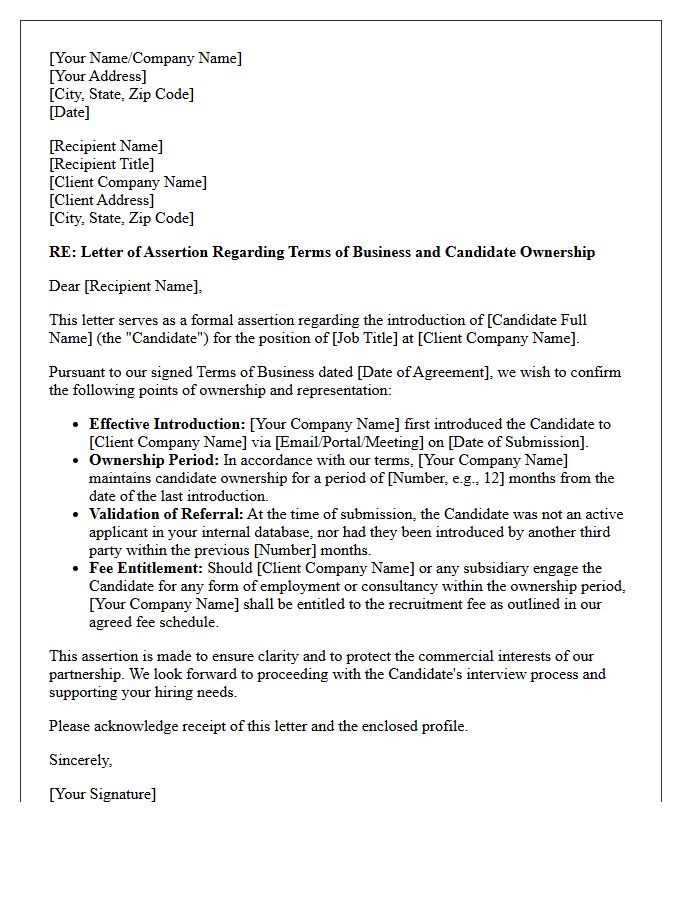 Letter of Assertion Regarding Terms of Business and Candidate Ownership