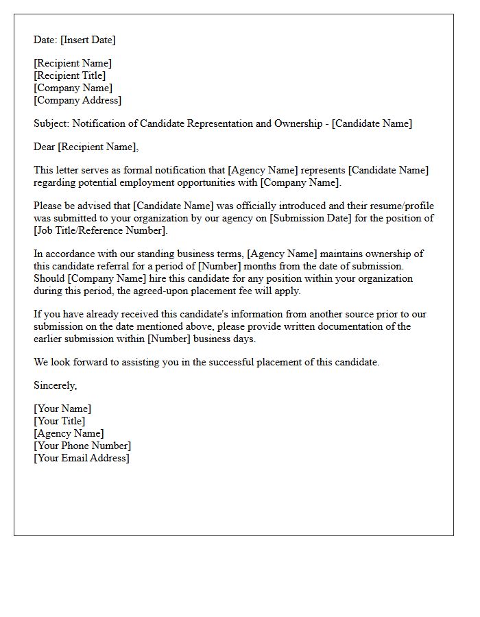 Letter of Notification Enforcing Agency Ownership of Candidate