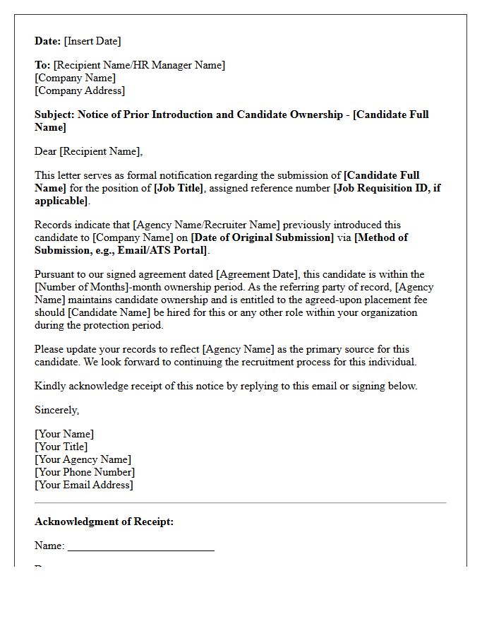 Notice Letter of Prior Introduction and Candidate Ownership
