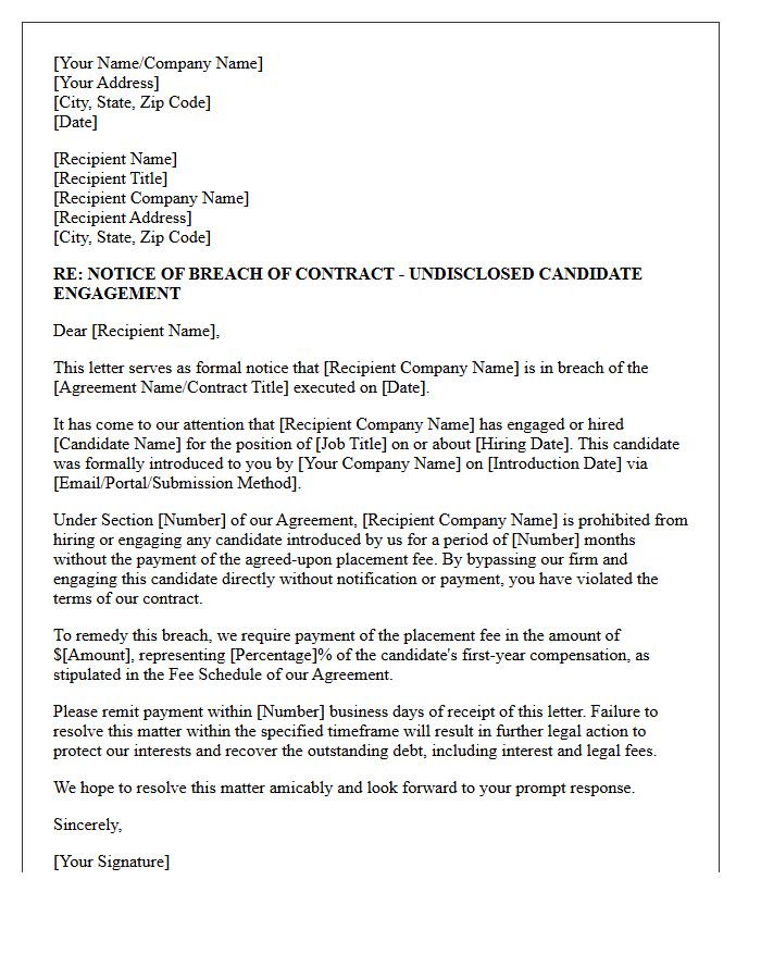 Breach of Contract Letter for Undisclosed Candidate Engagement