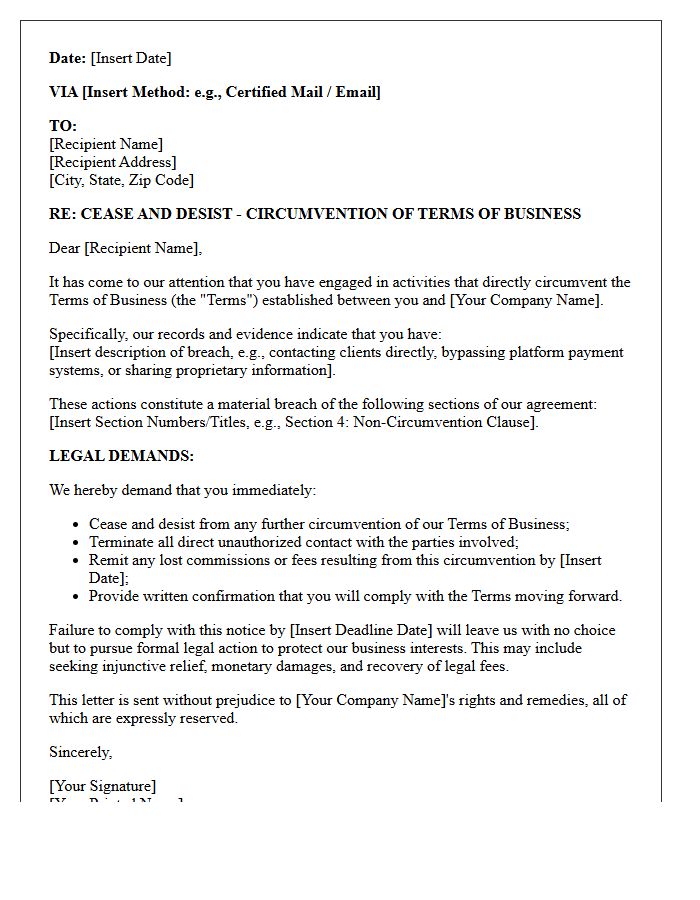 Cease and Desist Letter for Terms of Business Circumvention