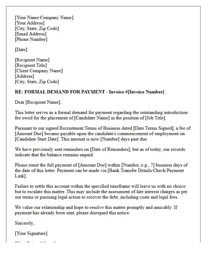 Demand Letter for Unpaid Introduction Fee Under Recruitment Terms