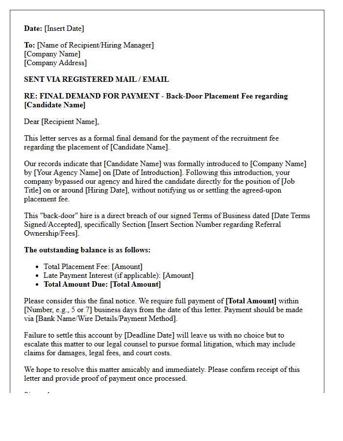 Final Demand Letter for Back-Door Placement Fee Resolution