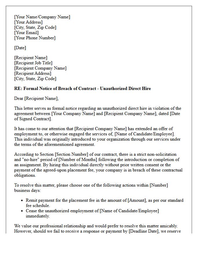 Formal Letter of Notice Regarding Unauthorized Direct Hire