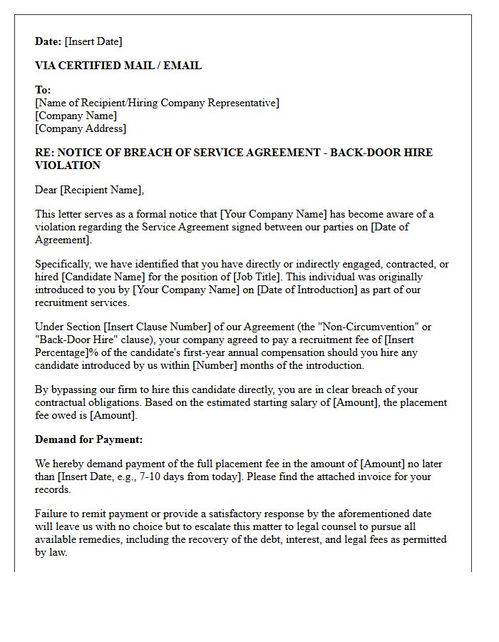 Legal Notice Letter Regarding Back-Door Hire Clause Violation
