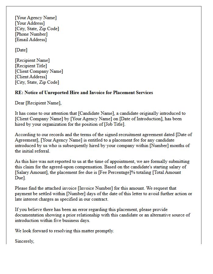 Letter Claiming Agency Compensation for Unreported Candidate Hire