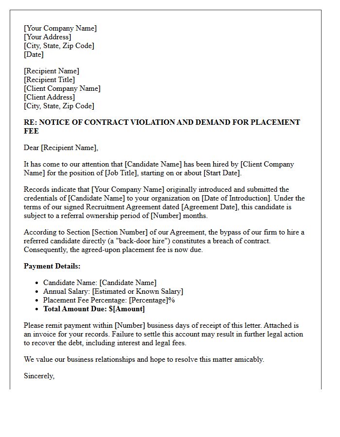 Letter Demanding Placement Fee for Back-Door Hire Violation