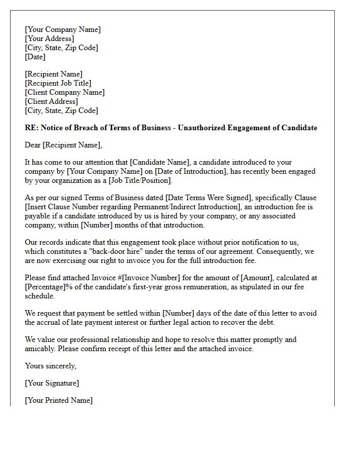 Letter Enforcing Back-Door Hire Clause Under Terms of Business
