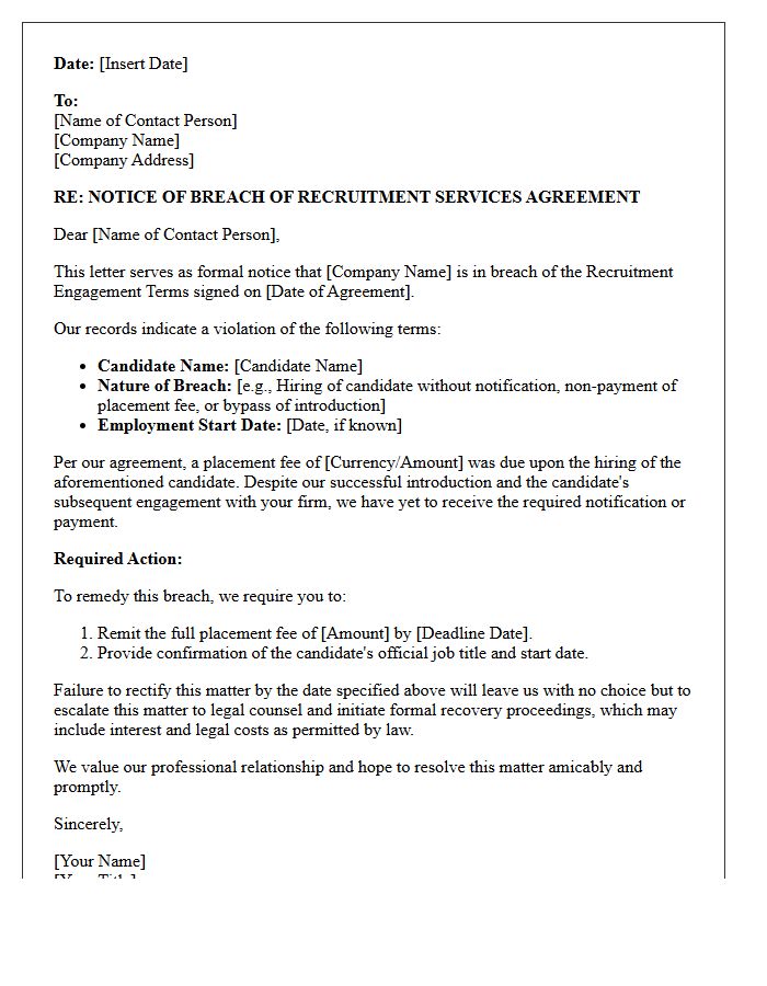Letter of Action for Breach of Recruitment Engagement Terms