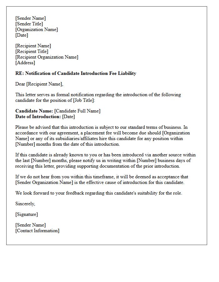 Letter of Notification Regarding Candidate Introduction Fee Liability