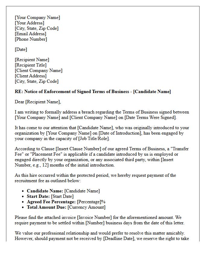 Official Letter Enforcing Recruitment Agency Terms of Business