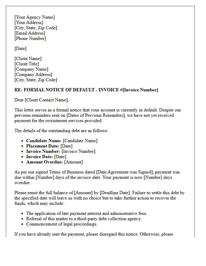 Formal Letter of Default on Recruitment Agency Fees