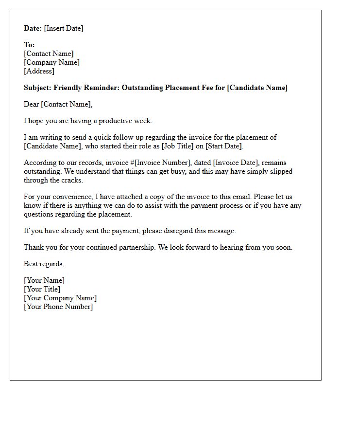 Friendly Reminder Letter for Outstanding Placement Fees