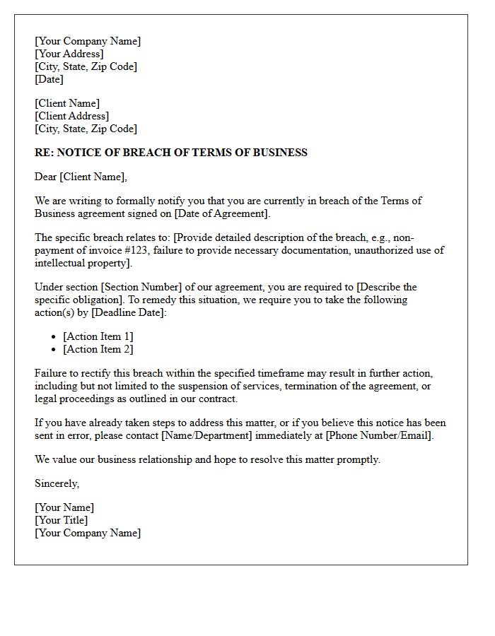 Letter Notifying Client of Breach of Terms of Business