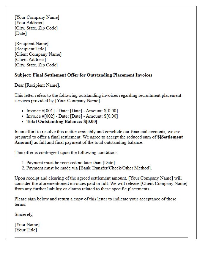 Letter of Final Settlement for Outstanding Placement Invoices
