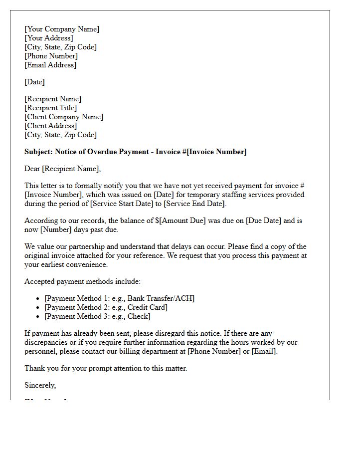 Letter Regarding Overdue Invoice for Temporary Staffing Services
